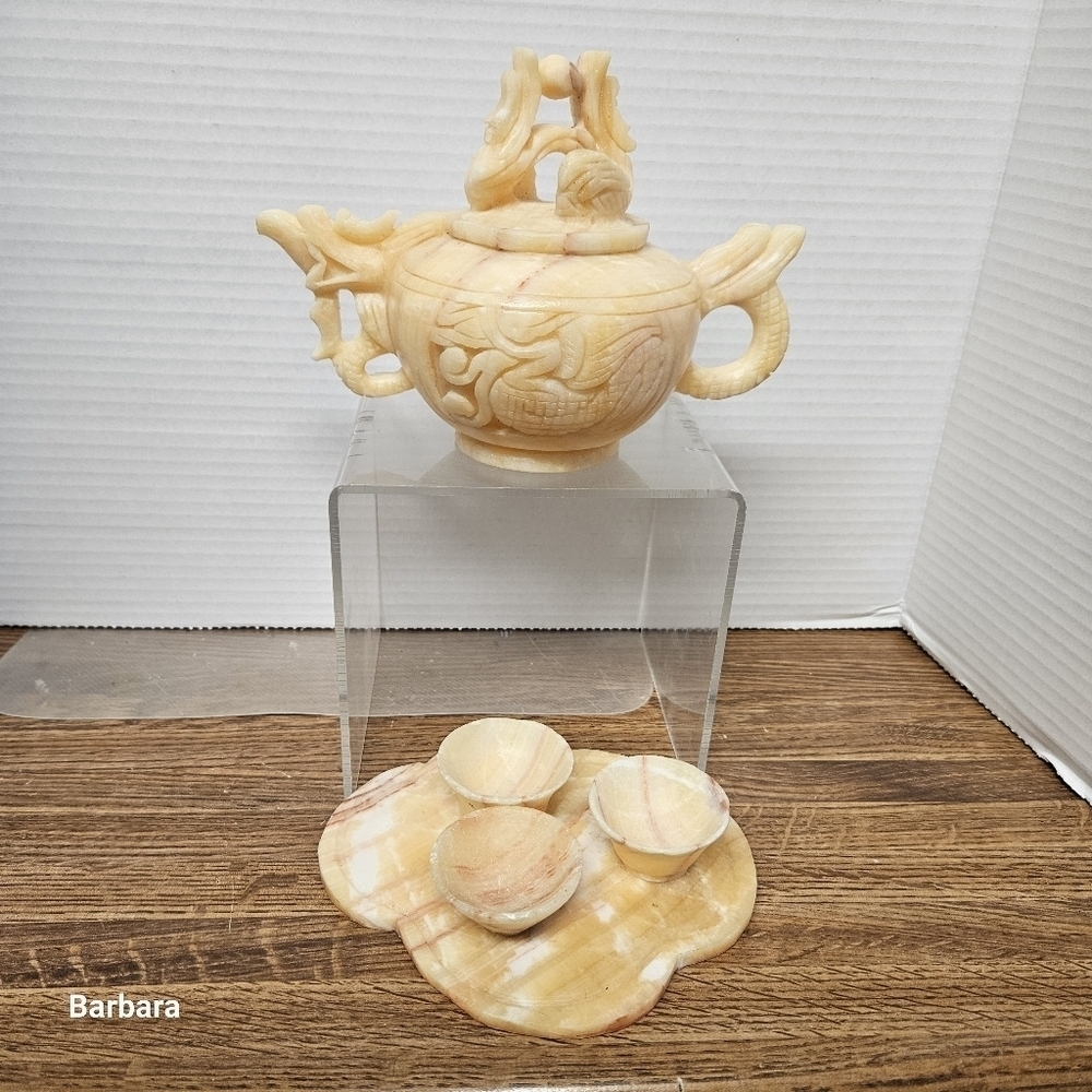 Vintage 5-piece Asian Carved Alabaster Dragon Teapot Set